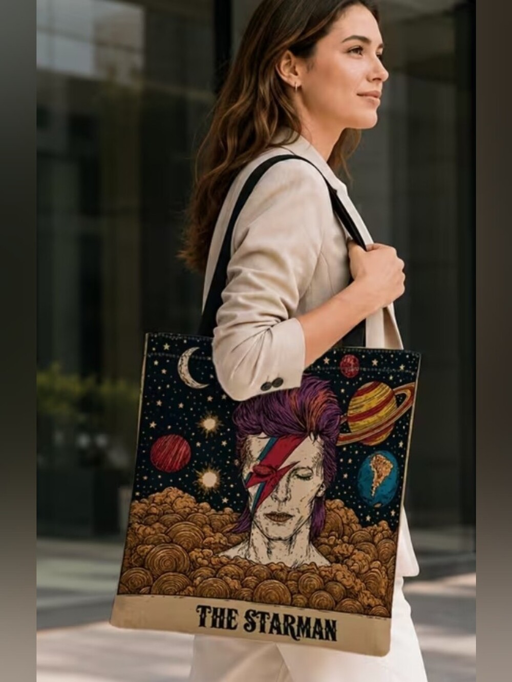 The Starman Illustrated Cosmic Tote Bag in Black and Multicolor